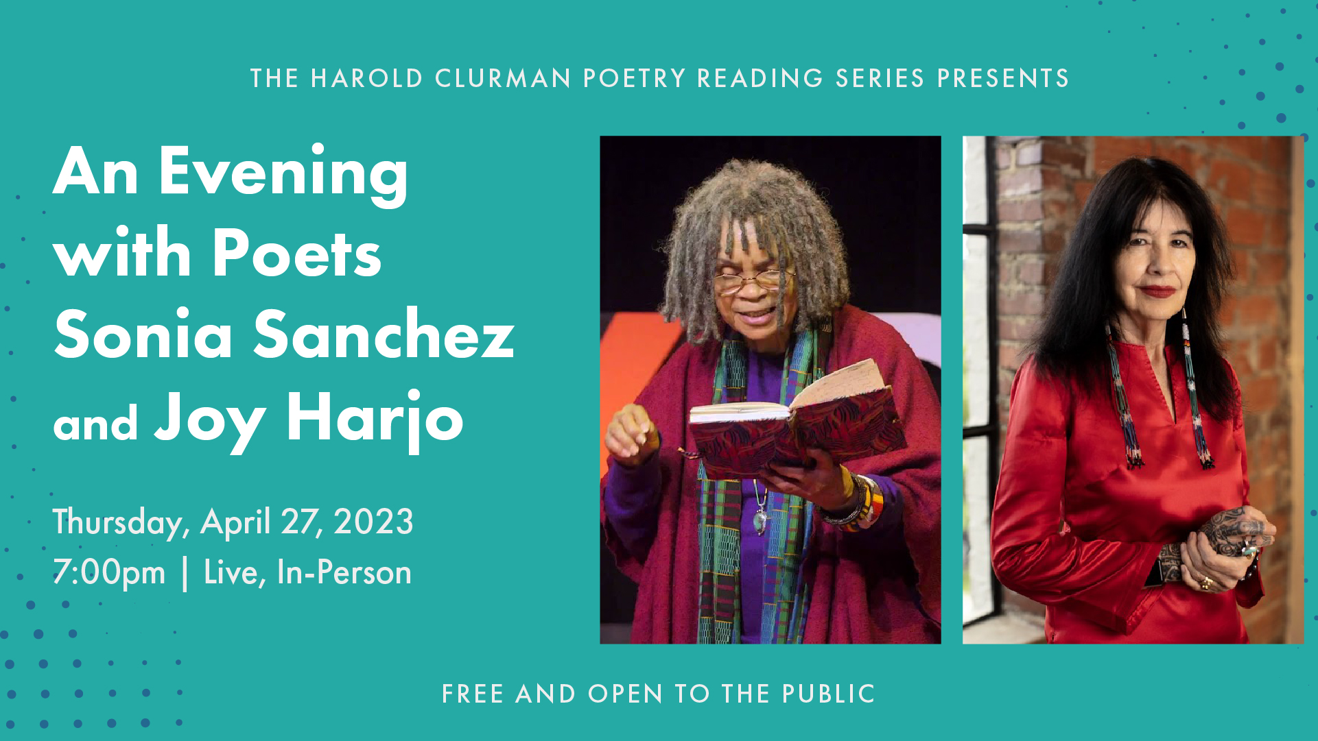 Poetry Series event graphic with photos of poets Sonia Sanchez and Joy Harjo.