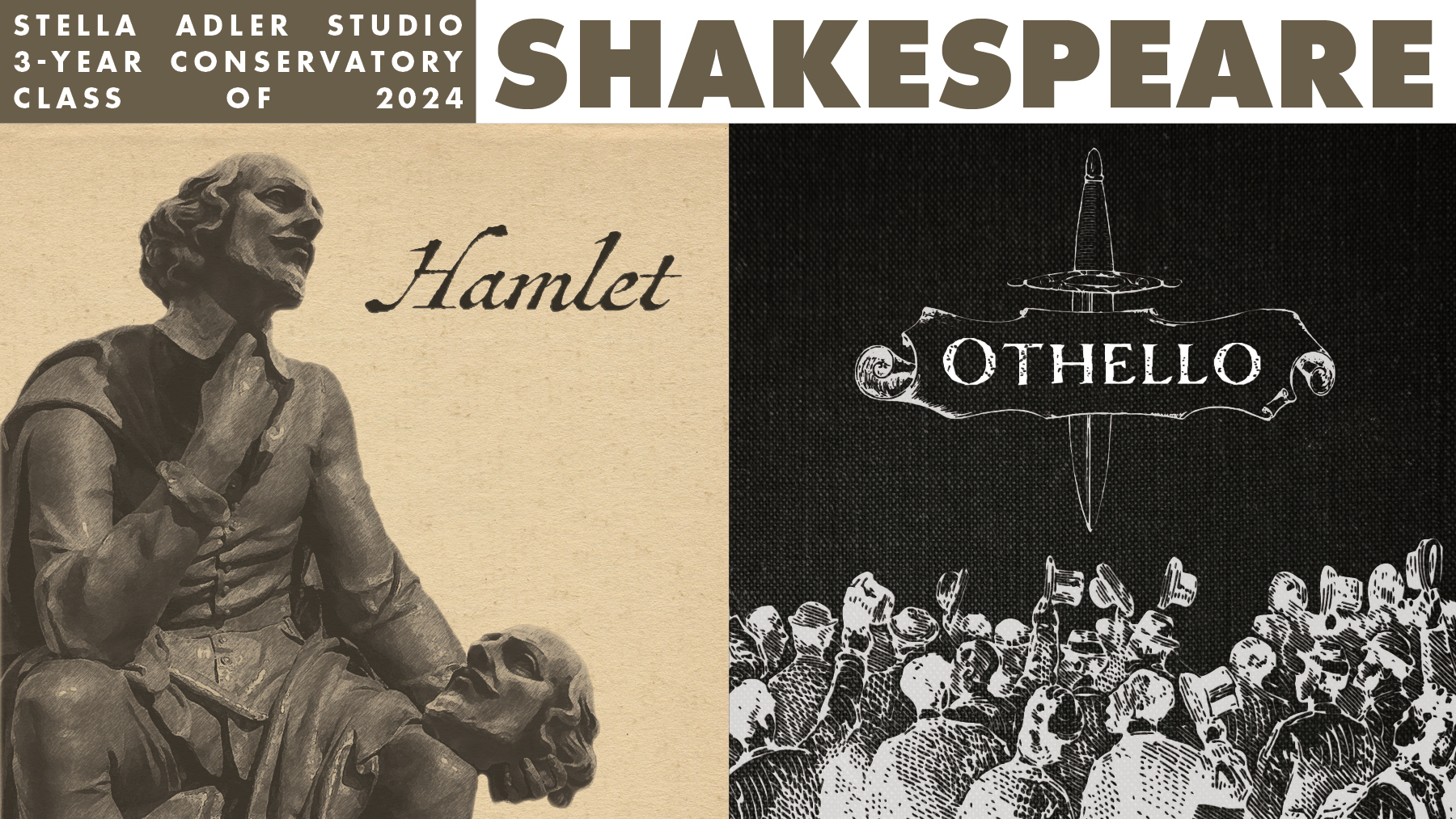 Graphics for the 3-Year Conservatory Class of 2024's Productions of Hamlet and Othello.