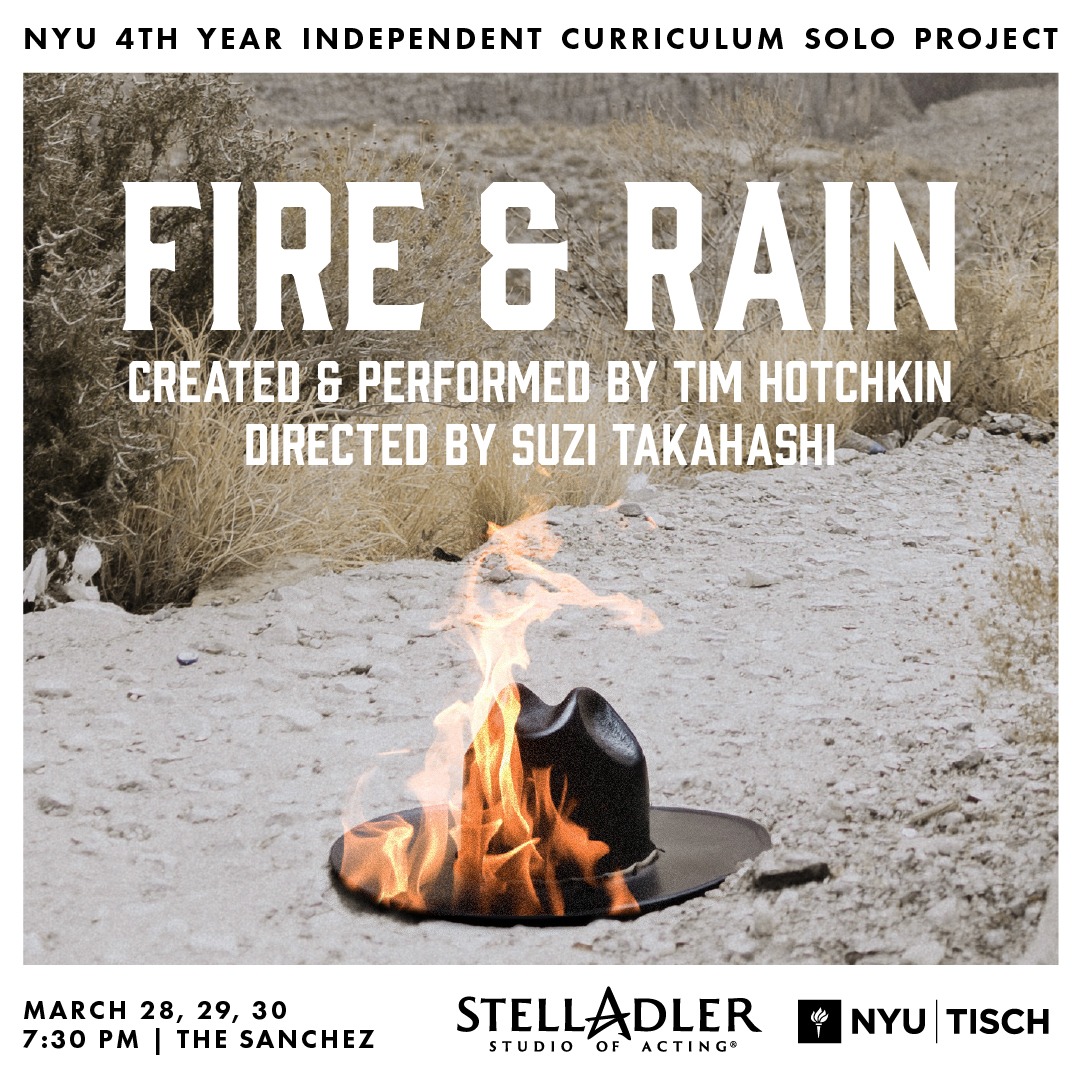 Graphic for Fire & Rain by Tim Hotchkin, featuring a cowboy hat on fire lying on a path in a desert