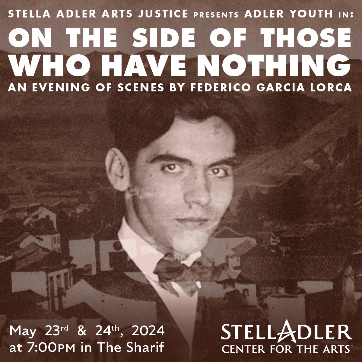 Photograph of Federico Garcia Lorca overlaid on a photo of the Spanish countryside